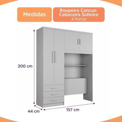 Imagem de Guarda-Roupa Solteiro Cancun 4 Portas 3 Gavetas com Cabeceira e Baú Yescasa Marrom/Off White