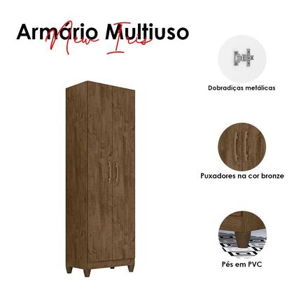 Imagem de Guarda Roupa Solteiro Chile com Cômoda Vênus com pés e Armário Multiuso New Íris Castanho Wood  Moval