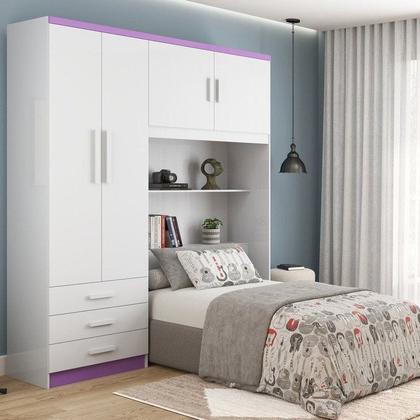 Imagem de Guarda-Roupa Solteiro com Cabeceira e Baú 4 Portas 3 Gavetas Cancun Yescasa Branco