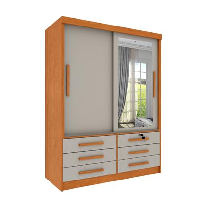 Imagem de Guarda Roupa Solteiro com Espelho 2 Portas 6 Gavetas 133cm Chicago Bege/Cinamomo/Off White