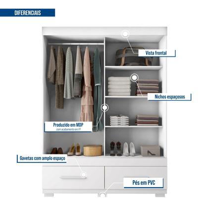 Imagem de Guarda-roupa Solteiro com Espelho 2 Portas de Correr 2 Gavetas Sereno