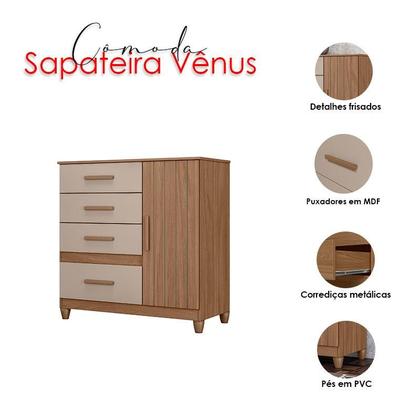 Imagem de Guarda Roupa Solteiro com Espelho Atenas e Cômoda Vênus com pés Carvalho Fendi  Moval