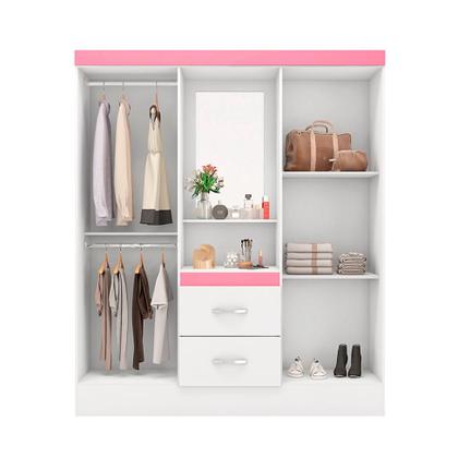 Imagem de Guarda-Roupa Solteiro com Espelho Lord 4 PT 2 GV Branco e Rosa