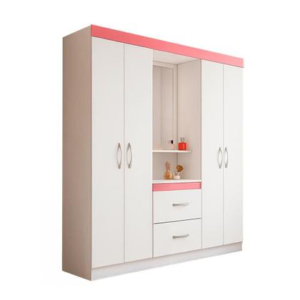 Imagem de Guarda-Roupa Solteiro com Espelho Lord 4 PT 2 GV Branco e Rosa