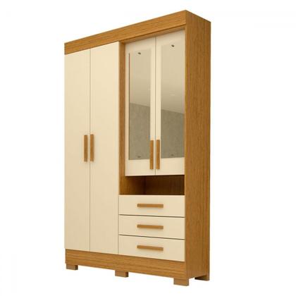 Imagem de Guarda-Roupa Solteiro Débora Capelinha 4 Portas 3 Gavetas com Espelho 100% Mdf Cinamomo/Off White - Acp Móveis
