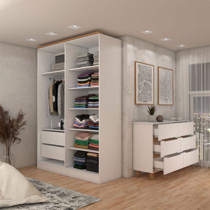 Imagem de Guarda-Roupa Solteiro Dubai 4 Portas 2 Gavetas com Cômoda 6 Gavetas 100% Mdf Branco/Olmo - Panorama Móveis