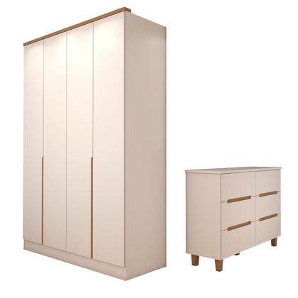 Imagem de Guarda-Roupa Solteiro Dubai 4 Portas 2 Gavetas com Cômoda 6 Gavetas 100% Mdf Branco/Olmo - Panorama Móveis