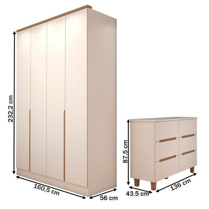 Imagem de Guarda-Roupa Solteiro Dubai 4 Portas 2 Gavetas com Cômoda 6 Gavetas 100% Mdf Branco/Olmo - Panorama Móveis
