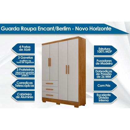 Imagem de Guarda Roupa Solteiro Encant 4 Portas 3 Gavetas c/Espelho e Pés Freijo Cumaru c/ Fendi - Novo Horizonte
