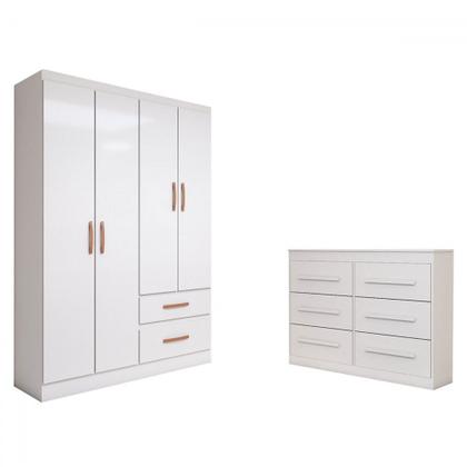 Imagem de Guarda-Roupa Solteiro Europa 4 Portas 2 Gavetas e Cômoda 6 Gavetas Branco - Panorama Móveis
