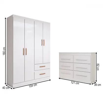 Imagem de Guarda-Roupa Solteiro Europa 4 Portas 2 Gavetas e Cômoda 6 Gavetas Branco - Panorama Móveis