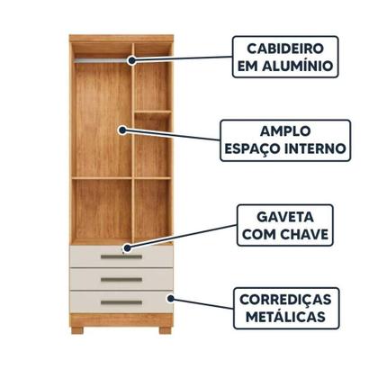 Imagem de Guarda Roupa Solteiro Floripa 2 Portas 3 Gavetas Com Cabideiro Cedro / Areia Repleta Cedro / Areia