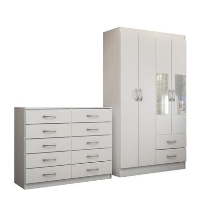 Imagem de Guarda-Roupa Solteiro Hazel 4 Portas 2 Gavetas e Espelho com Cômoda 10 Gavetas Branco - Panorama Móveis