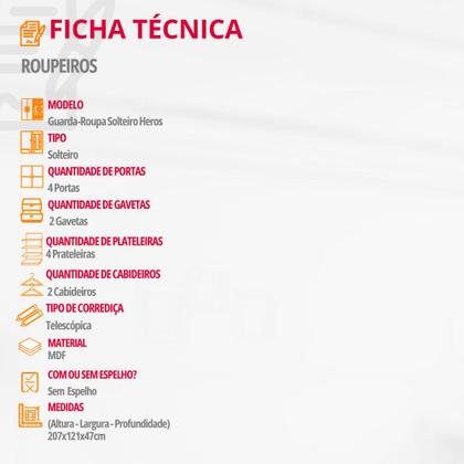Imagem de Guarda Roupa Solteiro Heros 4 Portas MDF Com pés Moderna