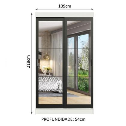 Imagem de Guarda-Roupa Solteiro Madesa Tokio 2 Portas de Correr de Espelho 2 Gavetas - Branco/Preto