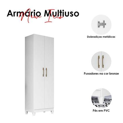 Imagem de Guarda Roupa Solteiro Madri com Espelho e Armário Multiuso New Íris Branco Brilho - Moval