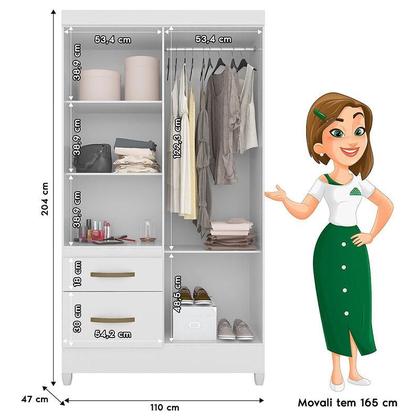 Imagem de Guarda Roupa Solteiro Madri com Espelho e Armário Multiuso New Íris Branco Brilho - Moval
