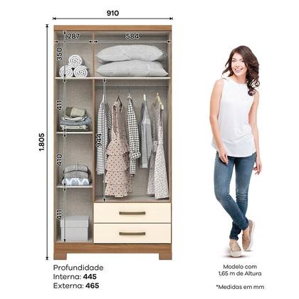 Imagem de Guarda Roupa Solteiro Miami Ambiente 3 Portas 2 Gavetas com Chave Nature Off White - Henn