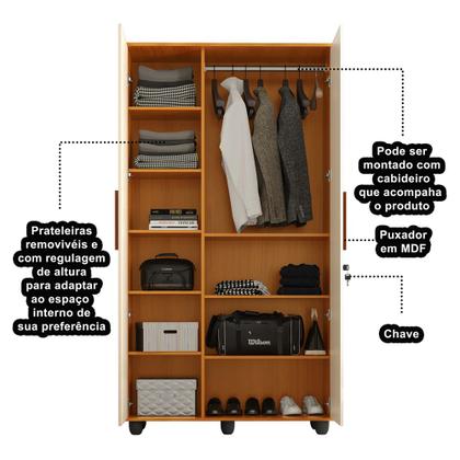 Imagem de Guarda Roupa Solteiro Multiuso sem Gaveta Reforçado Ouro Fechadura com Chave Nature / Off White