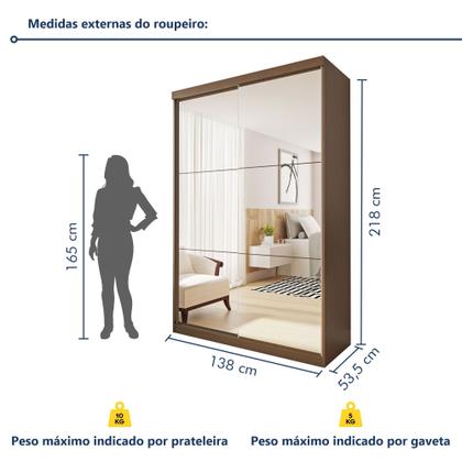 Imagem de Guarda Roupa Solteiro Premium Salvador Top 138cm com Espelho 2 Portas 2 Gavetas Espresso