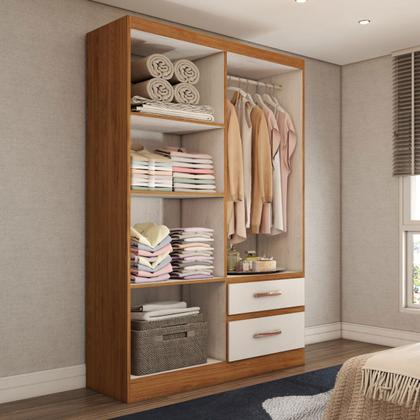 Imagem de Guarda-Roupa Solteiro São Francisco 4 Portas 2 Gavetas com Espelho Off White/Nogueira - Panorama Móveis