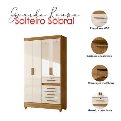 Imagem de Guarda Roupa Solteiro Sobral 4 Portas Freijó Off White Com Espelho - Moval