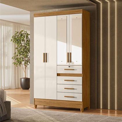 Imagem de Guarda Roupa Solteiro Sobral 4 Portas Freijó Off White Com Espelho - Moval