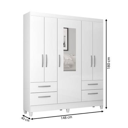 Imagem de Guarda-Roupa Solteiro Vitoria 5 Portas 4 Gavetas com Espelho Branco Brilho - Atualle Móveis