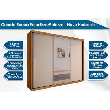 Imagem de Guarda Roupas 3 Portas de Correr e 6 Gavetas c/ Espelho Paradizzo Gold Cumaru - Novo Horizonte