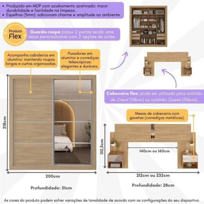 Imagem de Guarda Roupas Casal E Cabeceira Com 2 Mesas De Cabeceira E Espelhos Multimóveis MP4328 Madeirado