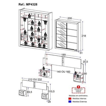 Imagem de Guarda Roupas Casal E Cabeceira Com 2 Mesas De Cabeceira E Espelhos Multimóveis MP4328 Madeirado