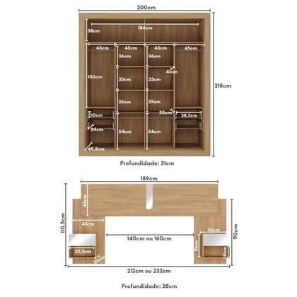 Imagem de Guarda Roupas Casal E Cabeceira Com 2 Mesas De Cabeceira E Espelhos Multimóveis MP4328 Madeirado