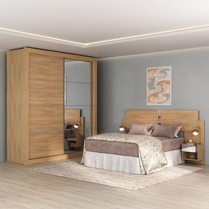 Imagem de Guarda Roupas Casal E Cabeceira Com 2 Mesas De Cabeceira E Espelhos Multimóveis MP4328 Madeirado