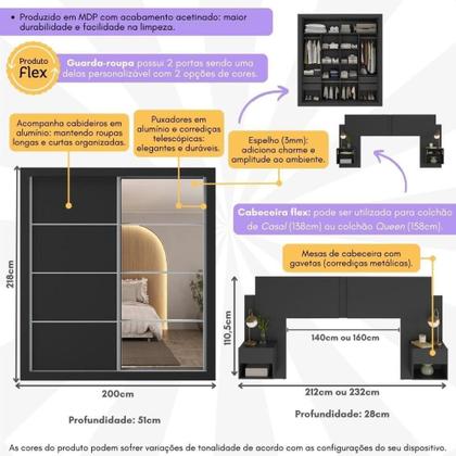 Imagem de Guarda Roupas Casal Espelho E Cabeceira Com 2 Mesas De Cabeceira Multimóveis MP4327 Preto