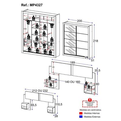 Imagem de Guarda Roupas Casal Espelho E Cabeceira Com 2 Mesas De Cabeceira Multimóveis MP4327 Preto