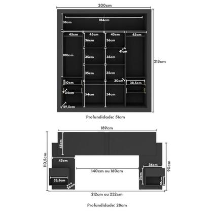 Imagem de Guarda Roupas Casal Espelho E Cabeceira Com 2 Mesas De Cabeceira Multimóveis MP4327 Preto