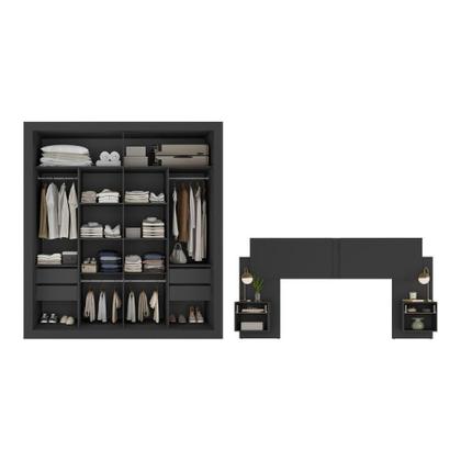 Imagem de Guarda Roupas Casal Espelho E Cabeceira Com 2 Mesas De Cabeceira Multimóveis MP4327 Preto