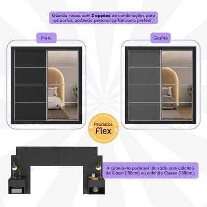 Imagem de Guarda Roupas Casal Espelho E Cabeceira Com 2 Mesas De Cabeceira Multimóveis MP4327 Preto