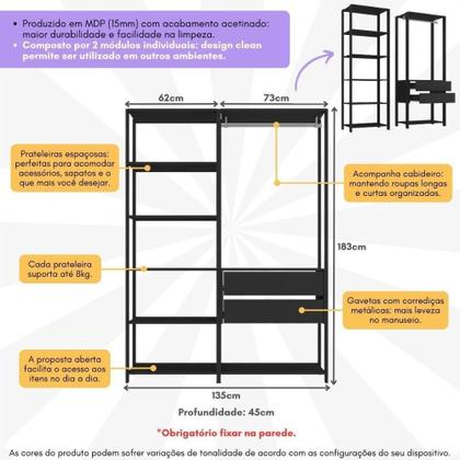 Imagem de Guarda Roupas Closet Modulado 135cm 2 Peças Com 2 Gavetas E Cabideiro Multimóveis MP4320 Preto