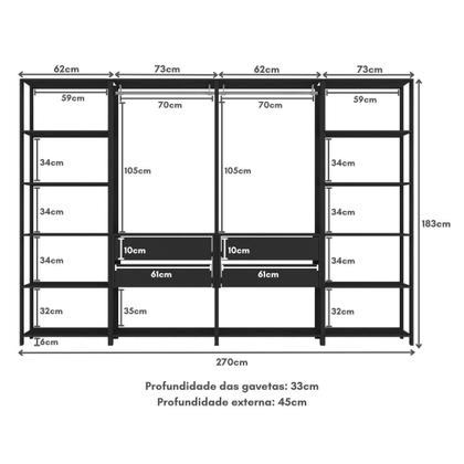 Imagem de Guarda-Roupas Closet Modulado 270cm 4 Peças com 4 Gavetas e Cabideiros Multimóveis MP4321