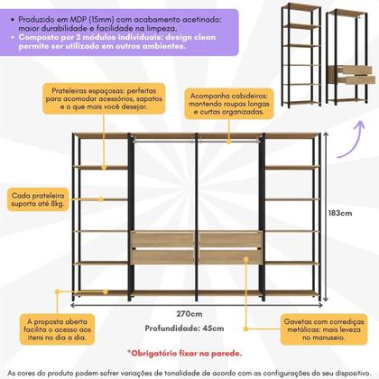 Imagem de Guarda-Roupas Closet Modulado 270cm 4 Peças com 4 Gavetas e Cabideiros Multimóveis MP4321