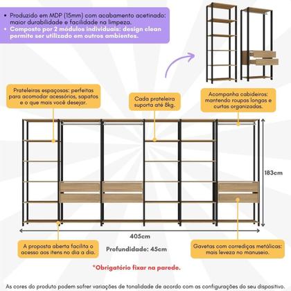 Imagem de Guarda-Roupas Closet Modulado 405cm 6 Peças com 6 Gavetas e Cabideiros Multimóveis MP4322