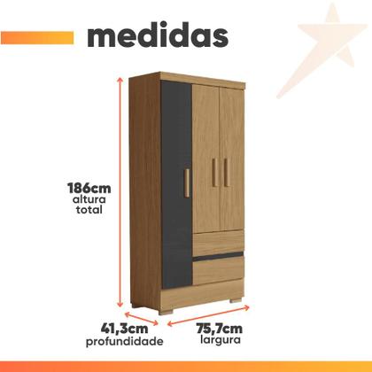Imagem de Guarda Roupas Solteiro 3 Portas 2 Gavetas Coimbra Atacama / Grafite Aramóveis