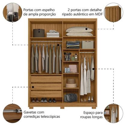 Imagem de Guarda Roupas Solteiro Com Espelho Ripado 4 Portas 3 Gavetas Califórnia Madeirado Moval Madeirado