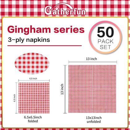 Imagem de Guardanapos descartáveis de papel guingão vermelho e branco Gatherfun (pacote com 50)