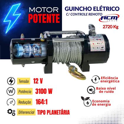 Imagem de Guincho Eletrico 12V 2720Kg - 6000Lbs com Cabo de Aco GE2720 ACM TOOLS