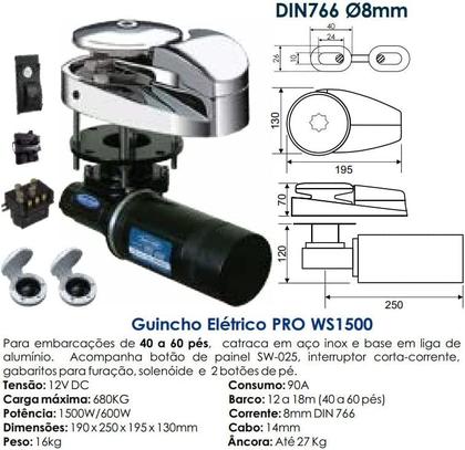 Imagem de Guincho Elétrico Náutico Ws 700 12v Corrente Din 6 Mm Lancha