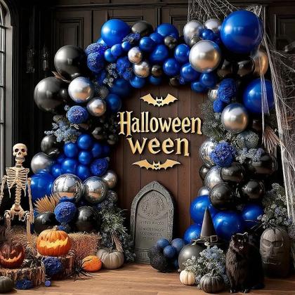 Imagem de Guirlanda de balão azul preto, recheado duplo, balões azul-marinho, azul royal, kit de arco de balão preto prateado para aniversário, Halloween, casamento, aniversário de formatura, decoração de festa de ano novo