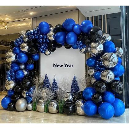 Imagem de Guirlanda de balão azul preto, recheado duplo, balões azul-marinho, azul royal, kit de arco de balão preto prateado para aniversário, Halloween, casamento, aniversário de formatura, decoração de festa de ano novo
