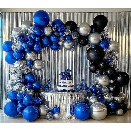 Imagem de Guirlanda de balão azul preto, recheado duplo, balões azul-marinho, azul royal, kit de arco de balão preto prateado para aniversário, Halloween, casamento, aniversário de formatura, decoração de festa de ano novo